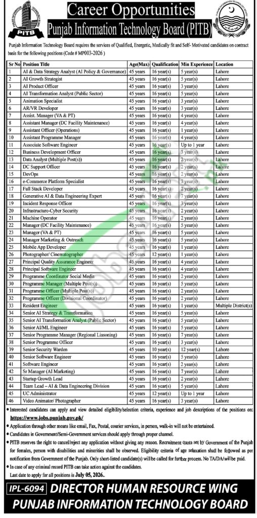 Punjab Information Technology Board Jobs 2026