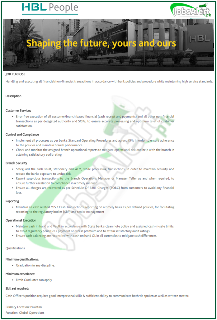 HBL Cashier Jobs 2026